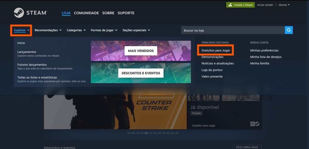 Clique na aba "Explorar" e selecione a categoria "Gratuitos para Jogar"; — Foto: Reprodução/Steam