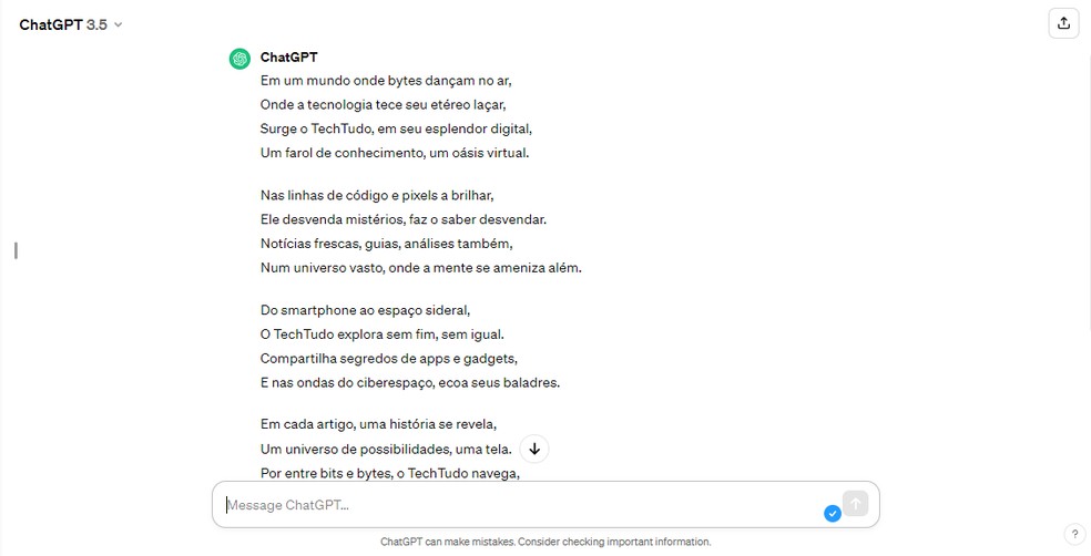 Poema sobre o TechTudo feito com o ChatGPT — Foto: Reprodução/Yuri Neri