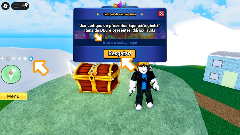 Para resgatar seus códigos em Blox Fruits no Roblox clique no ícone do presente à esquerda e insira seu código na janela que aparecerá — Foto: Reprodução/Rafael Monteiro