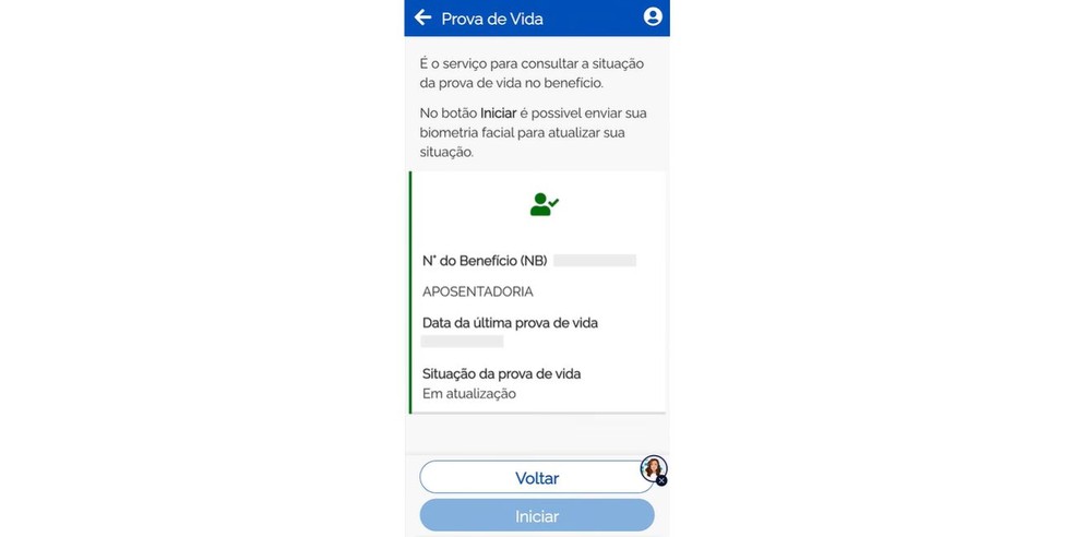 Aplicativo Meu INSS exibe a data da última prova de vida, a situação da validação e possíveis pendências — Foto: Giulya Vasconcellos/TechTudo