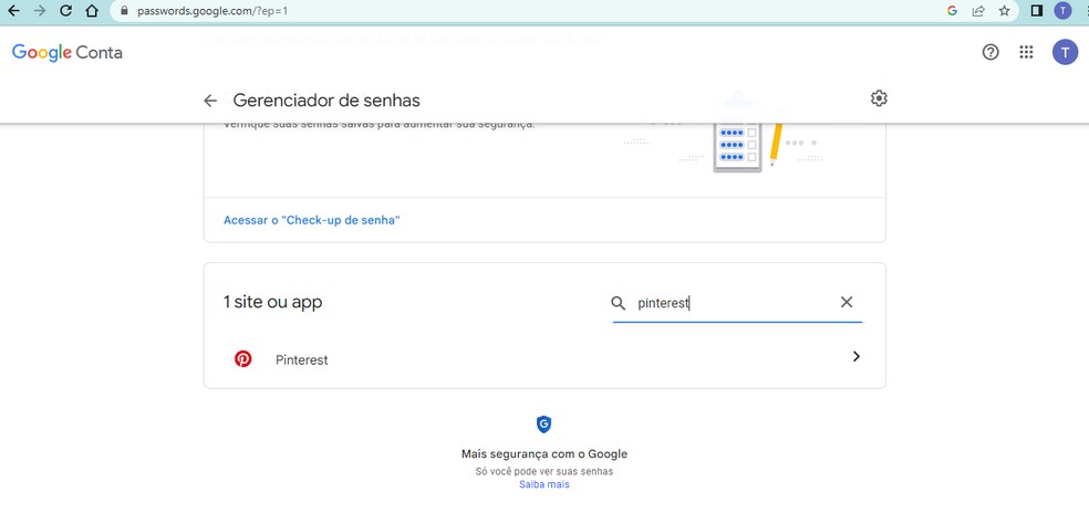 Na lupa, digite o site que deseja visualizar sua senha salva — Foto: Reprodução/TechTudo
