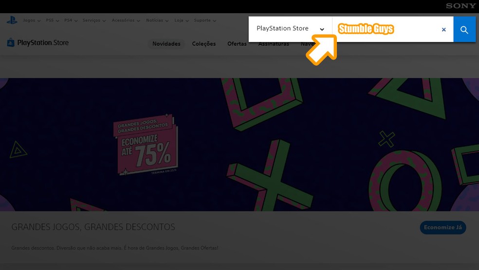 Acesse a PlayStation Store e utilize a busca no canto superior direito para procura por Stumble Guys — Foto: Reprodução/Rafael Monteiro