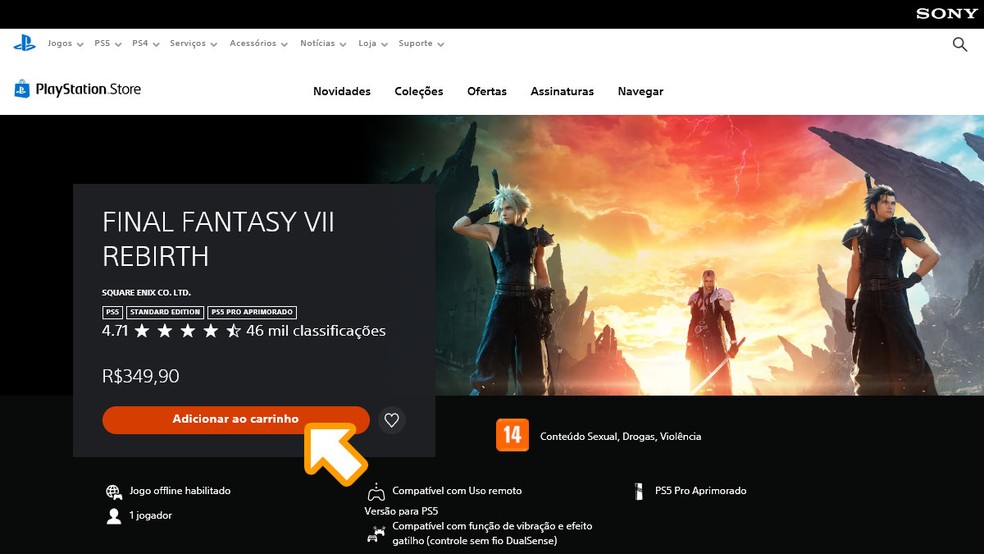 Na página de Final Fantasy 7 Rebirth na PS Store clique em "Adicionar ao carrinho" e finalize a compra para baixar o jogo em seu PS5 — Foto: Reprodução/Rafael Monteiro