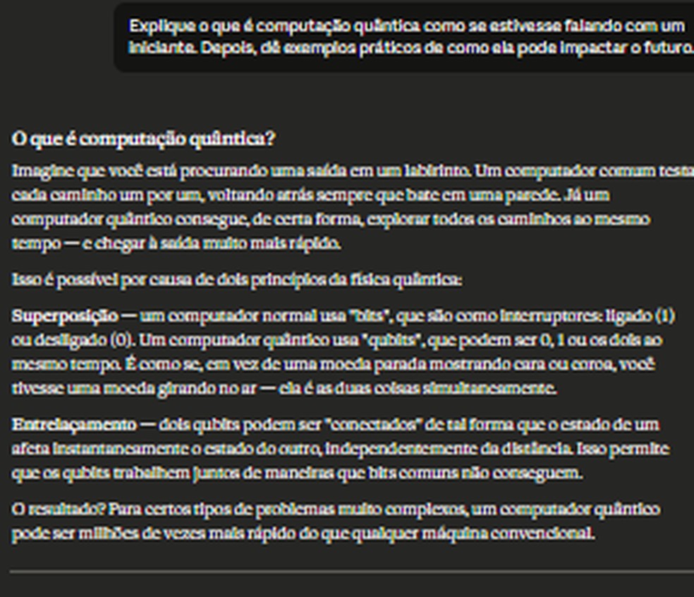 : Claude entregou a explicação mais fluida e natural sobre computação quântica, com tom de conversa que facilita o entendimento — Foto: Reprodução/Claude por Késya Holanda