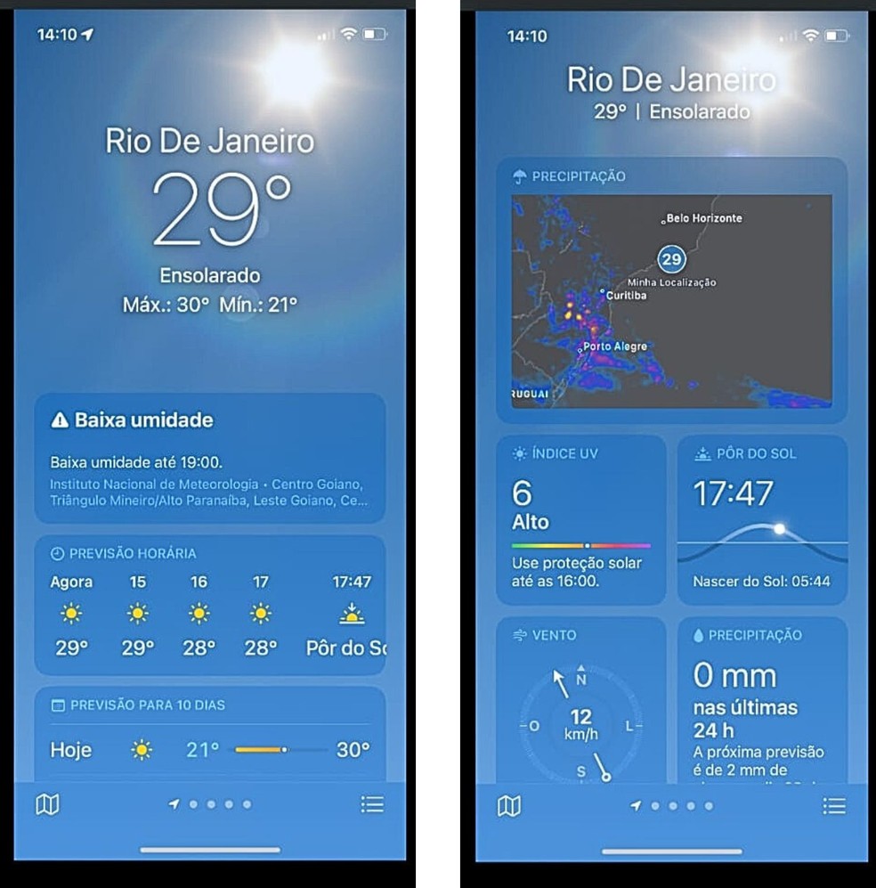 App Índice UV é uma opção nativa do Iphone para acompanhar a previsão do tempo — Foto: Reprodução/Júlio César Gonsalves
