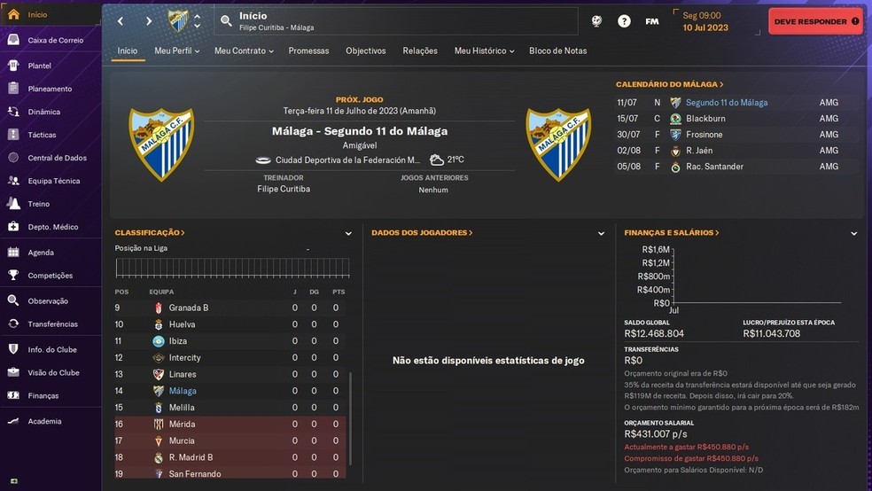 Tire o Malaga da terceira divisão e o devolva a elite espanhola no Football Manager 2024 — Foto: Reprodução/Filipe Curitiba