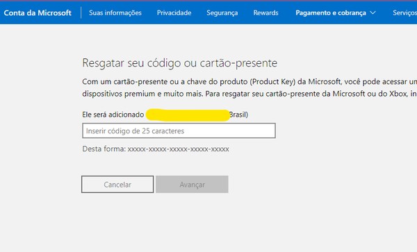 Como resgatar um cartão-presente ou código na conta Microsoft