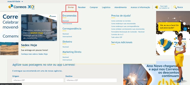 Acessando o site dos Correios para calcular o frete