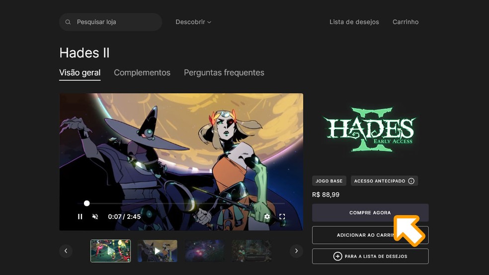 Na página de Hades 2 na Epic Games Store clique em "Compre Agora" e finalize a compra para poder baixar o jogo — Foto: Reprodução/Rafael Monteiro
