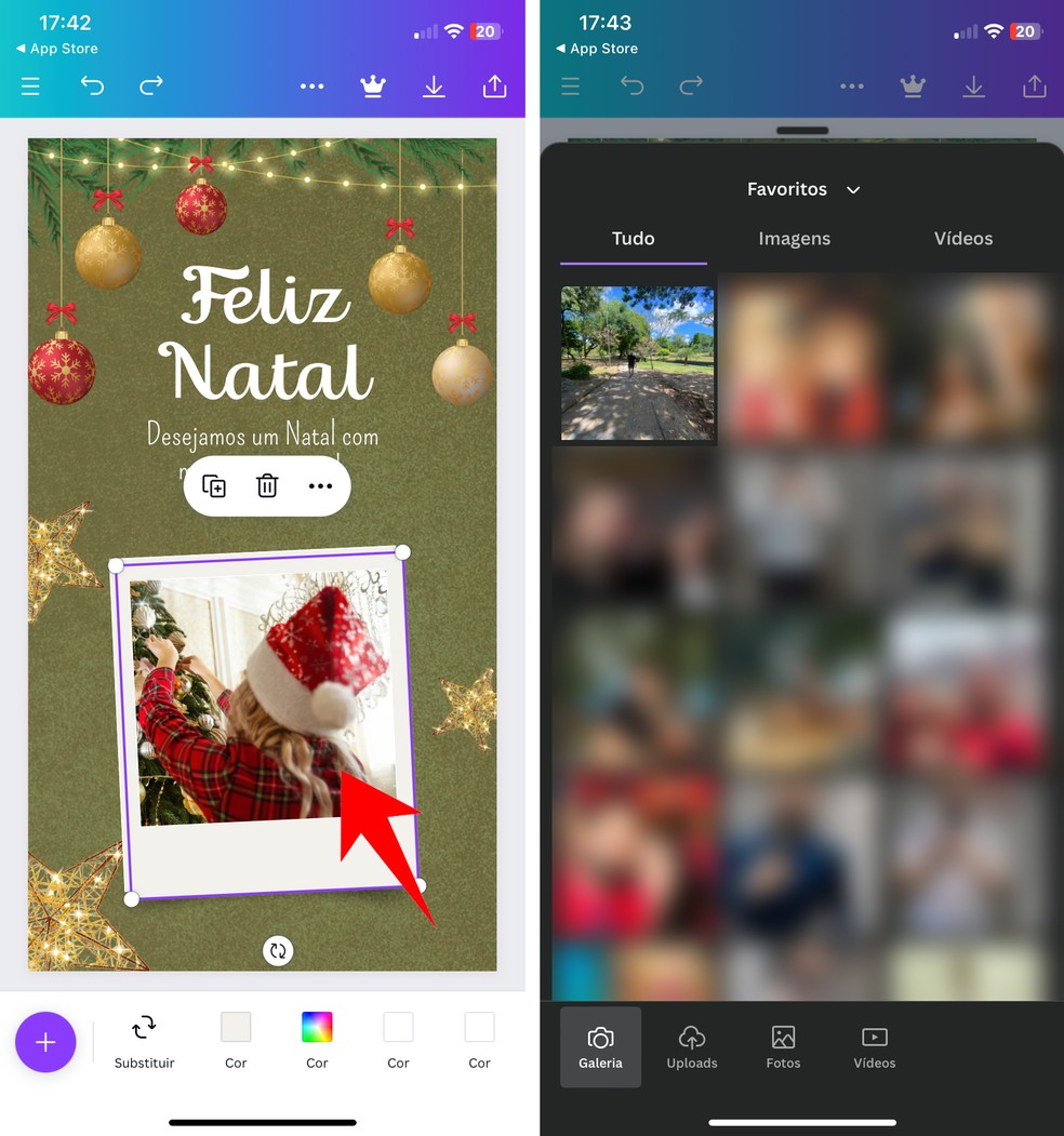 Canva permite colocar fotos para personalizar cartão com mensagem de Feliz Natal e Próspero Ano Novo — Foto: Reprodução/Rodrigo Fernandes
