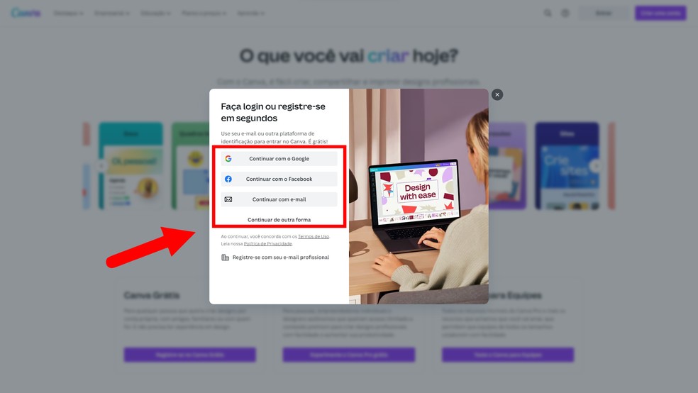 Faça login ou cadastre-se no Canva — Foto: Reprodução/Júlia Silveira