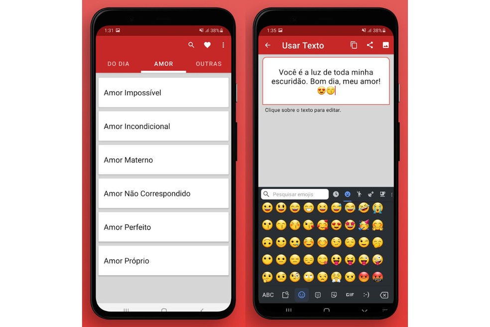 App Mensagens e Frases de Amor reúne recados para enviar no Dia dos Namorados — Foto: Reprodução/Mensagens e Frases de Amor