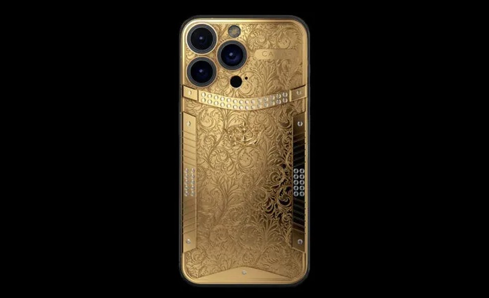 Caviar iPhone 15 Pro Solid Gold é um smartphone feito em ouro maciço de 18 quilates com 55 diamantes — Foto: Divulgação/Caviar