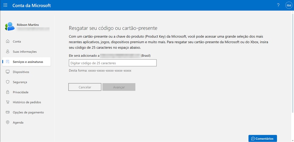 Acesse o site de resgate da Microsoft — Foto: Reprodução/Róbson Martins