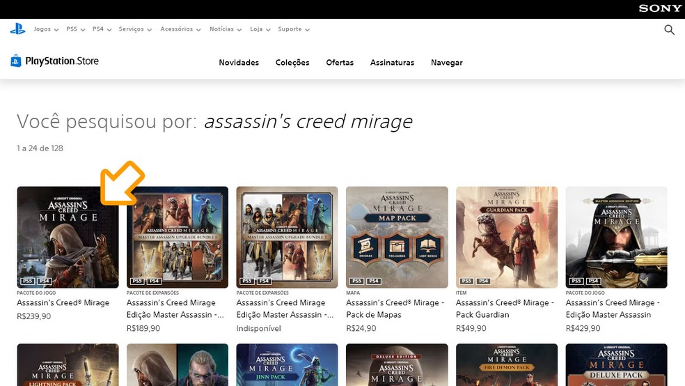 Na página de resultados da PS Store selecione "Assassin’s Creed Mirage" — Foto: Reprodução/Rafael Monteiro