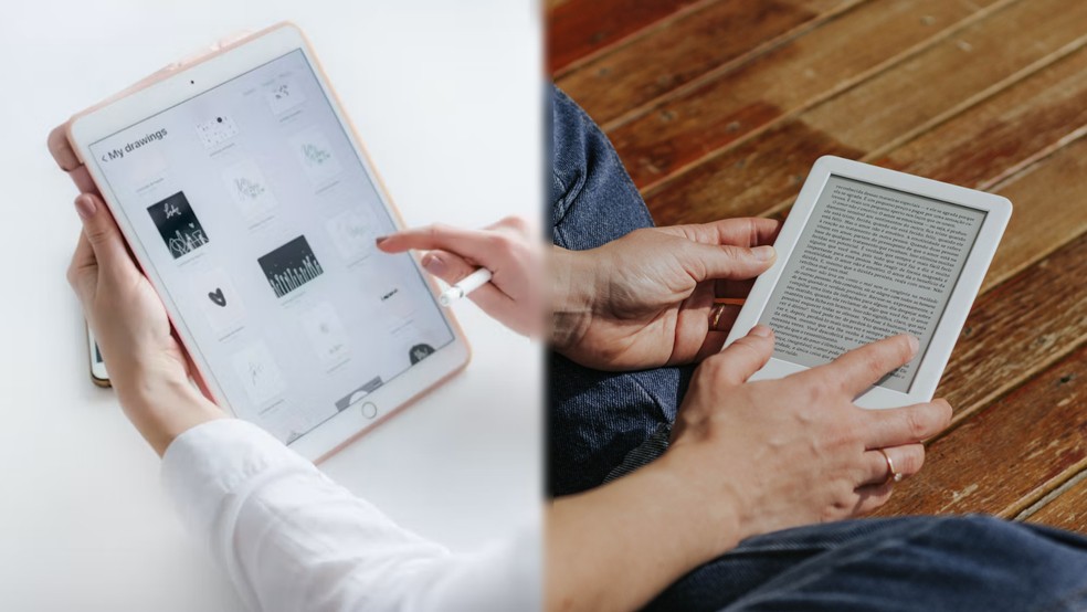 Tablet e Kindle podem cumprir funções parecidas na leitura, mas usam tecnologias de tela bem diferentes — Foto: Arte/TechTudo