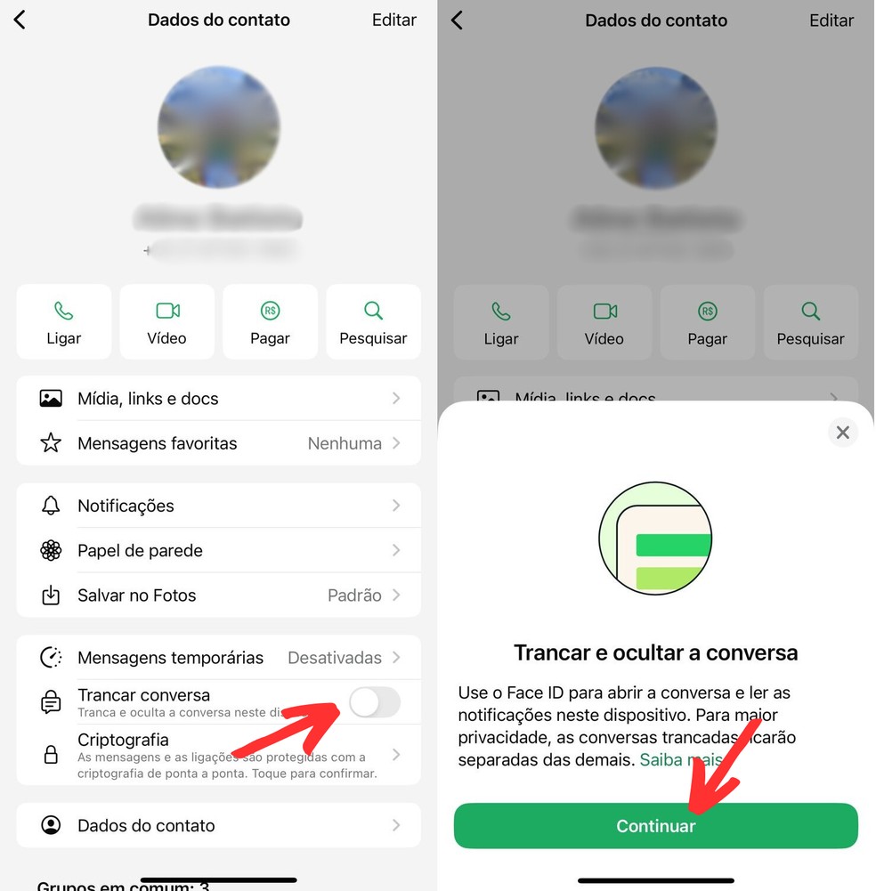 O procedimento para trancar uma conversa no WhatsApp é semelhante no Android e no iPhone (iOS) — Foto: Reprodução/Clara Fabro