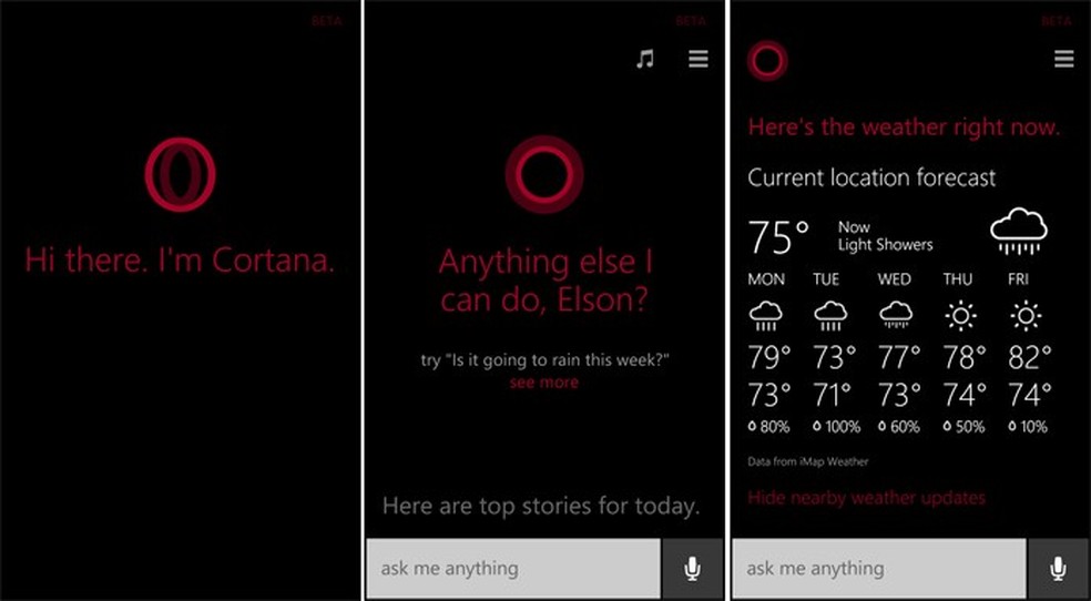 Cortana está presente na atualização, mas precisa que região e idioma do telefone sejam trocados (Foto: Reprodução/Elson de Souza) — Foto: TechTudo