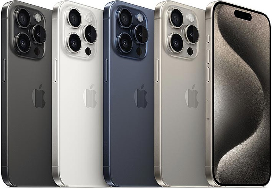 O novo iPhone 15 Pro possui quatro cores:  titânio preto, titânio branco, titânio azul e titânio natural.