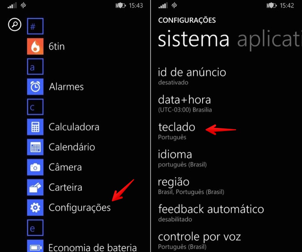 Acesse as configurações de teclado do Windows Phone (Foto: Reprodução/Helito Bijora) — Foto: TechTudo