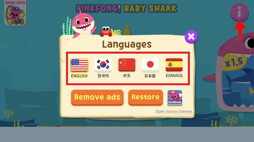 Aplicativo Baby Shark permite assistir ao vídeo em diferentes idiomas — Foto: Reprodução/Rodrigo Fernandes