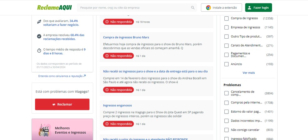 Reclamações sobre o Viagogo no site Reclame Aqui — Foto: Reprodução/Yuri Neri