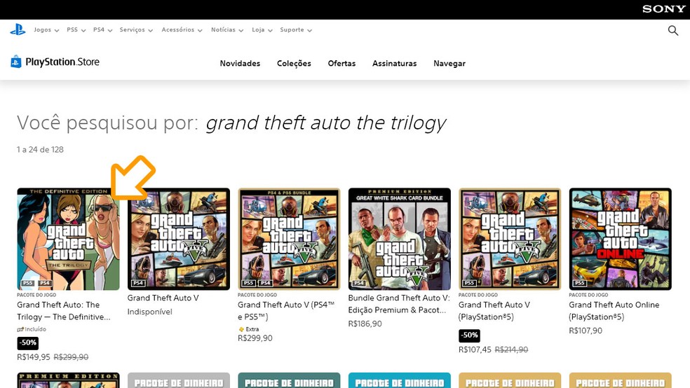 Entre os resultados da PlayStation Store selecione Grand Theft Auto: The Trilogy - Definitive Edition que contém GTA: San Andreas — Foto: Reprodução/Rafael Monteiro