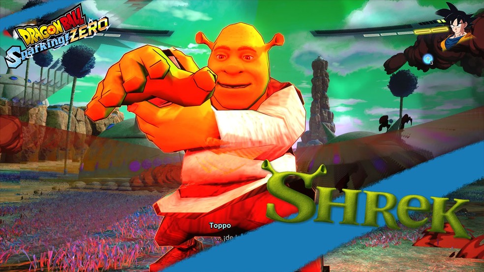 Shrek ganha seu espaço em Dragon Ball Sparking! Zero graças a mod que o coloca no lugar do personagem Toppo — Foto: Reprodução/Nexus Mods