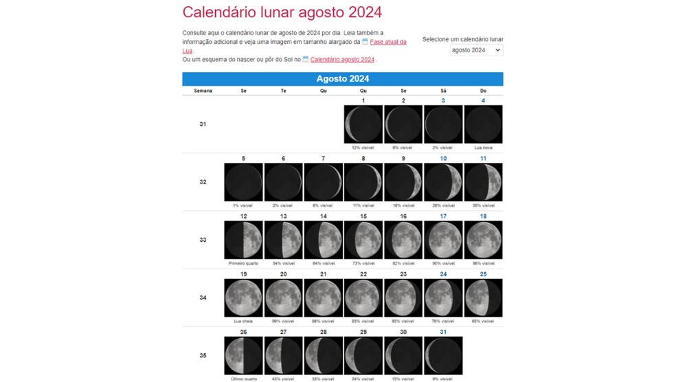 Calendário lunar de agosto de 2024: 4 sites para ver as fases da Lua do mês