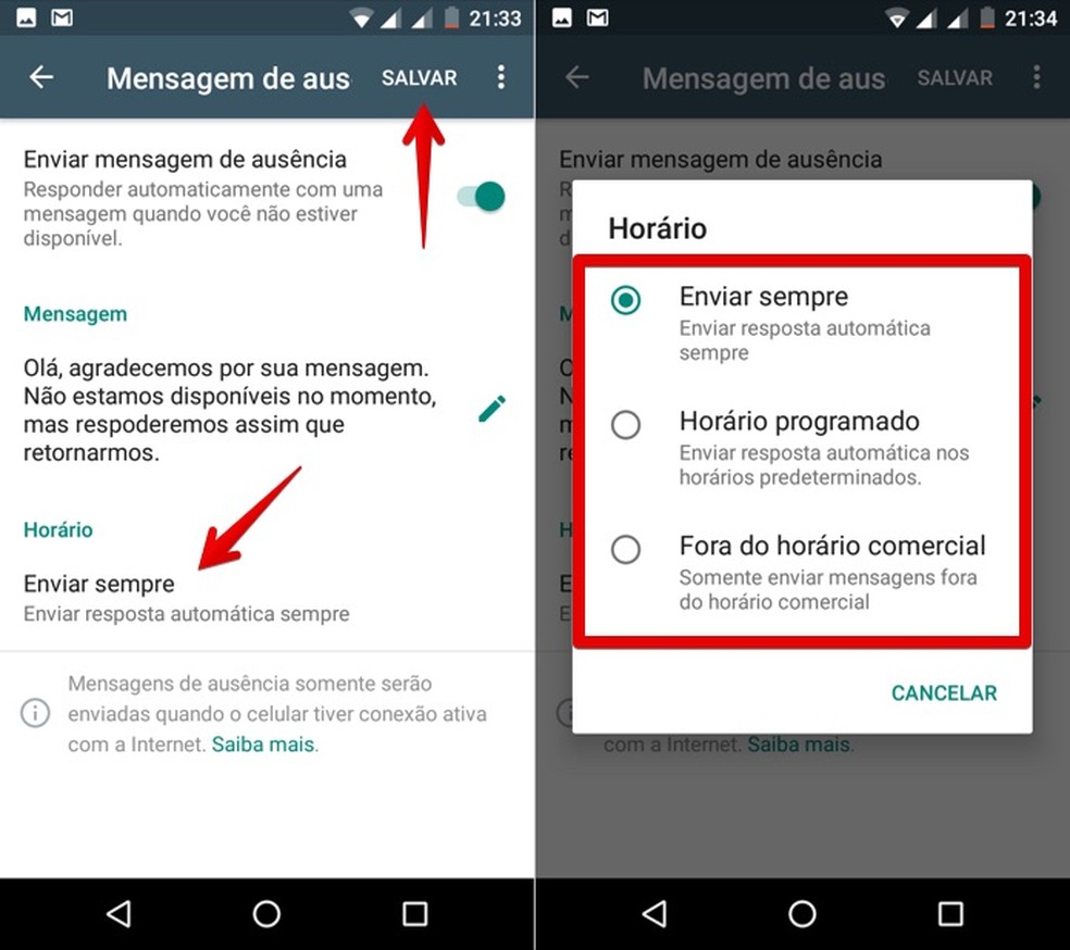 Selecione quando a mensagem deve ser enviada no WhatsApp Business — Foto: Reprodução/Helito Bijora