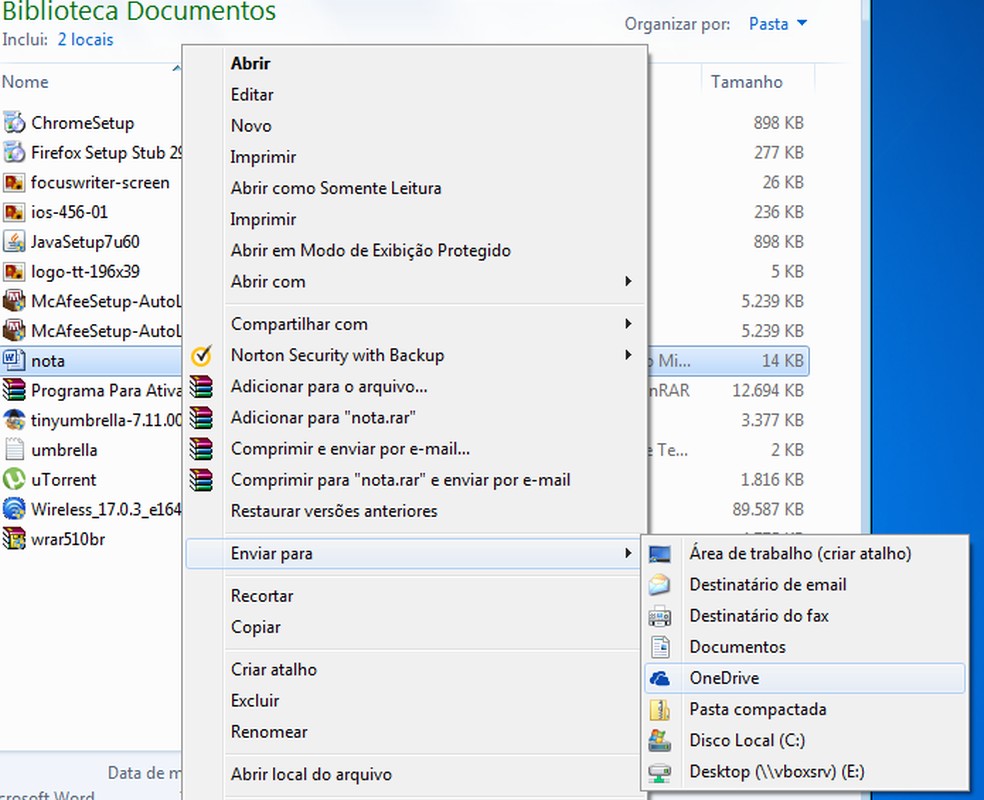 Envie arquivos ao OneDrive direto do menu de contexto do Windows (Foto: Reprodução/Edivaldo Brito) — Foto: TechTudo