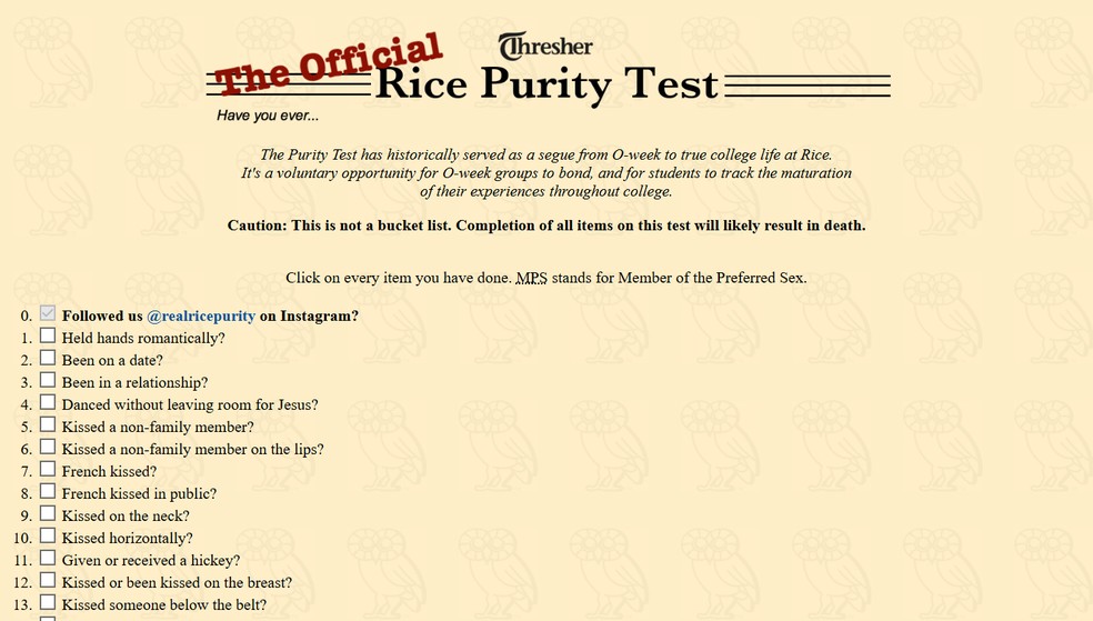 Rice Purity Test em português: veja teste de pureza que viralizou na web