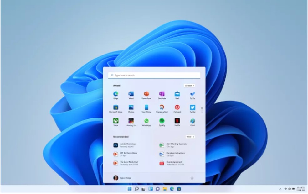 O menu do windows 11 tem um design minimalista e diversas opções de personalização — Foto: Divulgação/Microsoft
