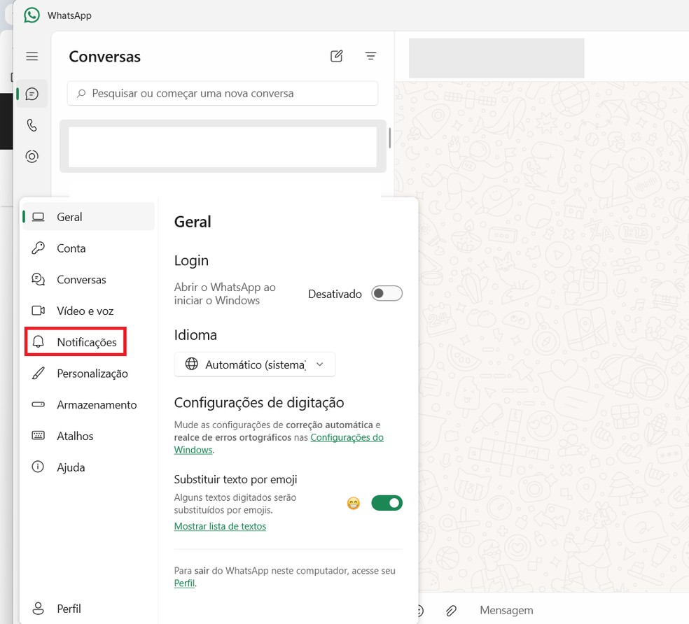 Clique em "Notificações" no menu do WhatsApp para PC — Foto: Reprodução/Bruno Guerra