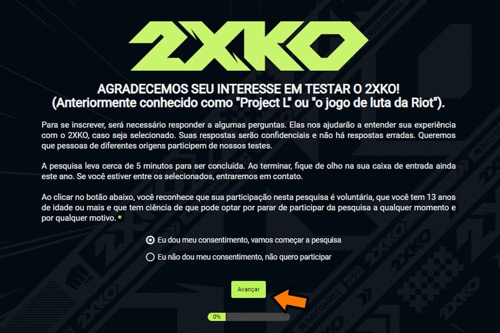 É necessário dar consentimento para iniciar a inscrição dos testes de 2XKO — Foto: Reprodução/Adriano Assumpção