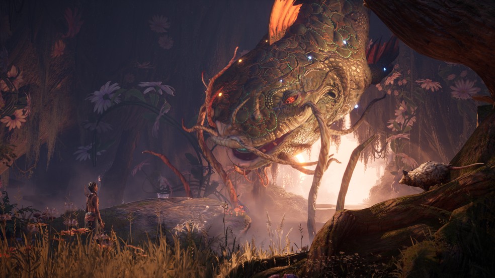 Momento em que Hazel encontra Catfish; criatura é quem "lê" o livro do jogo ao longo da jornada — Foto: Divulgação/Xbox