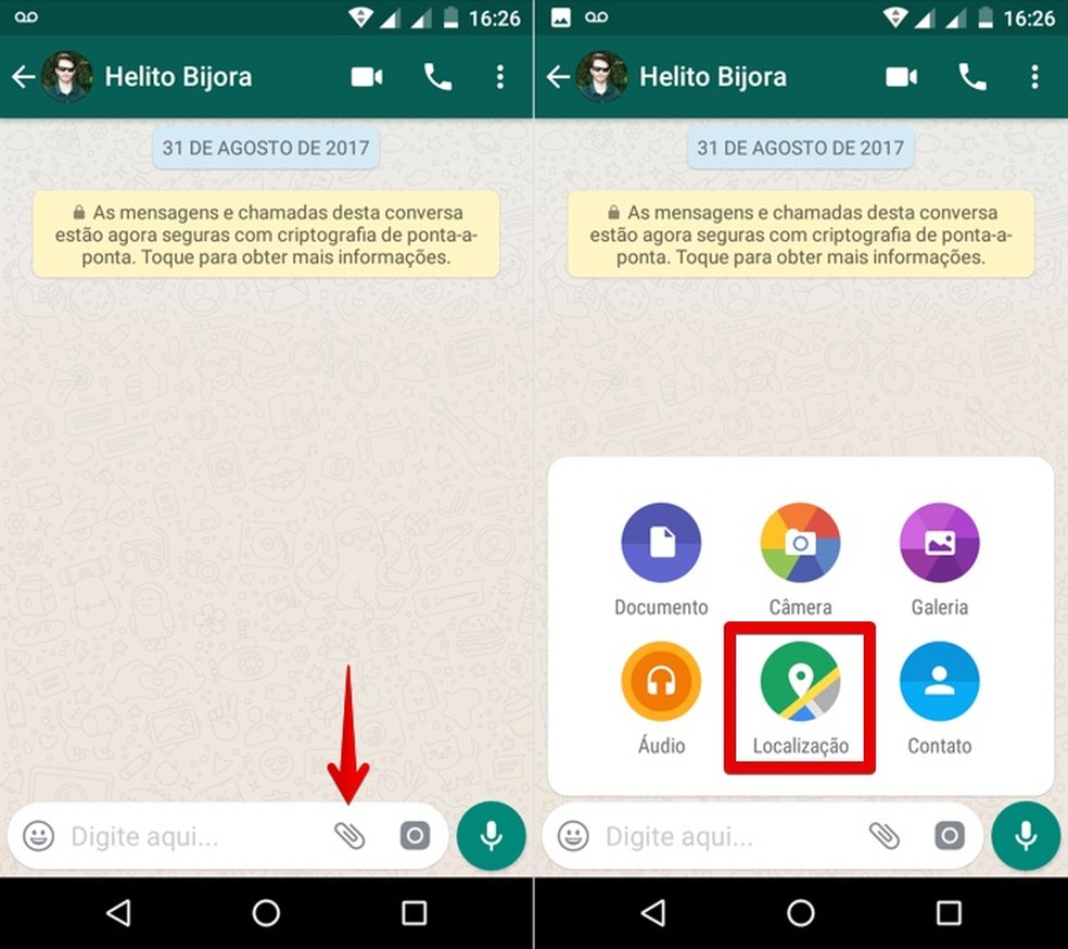 Compartilhando localização no WhatsApp para Android — Foto: Reprodução/Helito Bijora