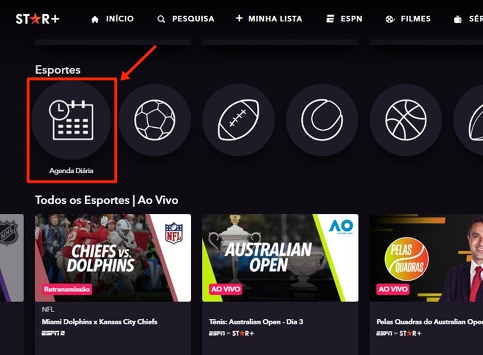 Na área "Esportes"localizada no Star+, selecione o ícone da agenda diária para ter acesso à página da programação completa — Foto: Reprodução/Gabriela Andrade