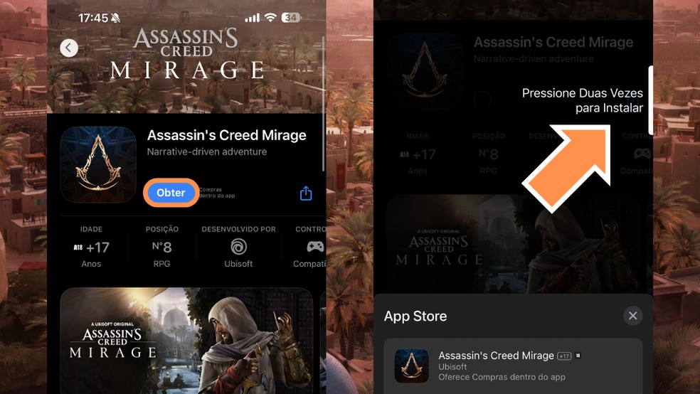 Na página de Assassin’s Creed Mirage na App Store clique em "Obter" depois pressione o botão lateral do iPhone duas vezes para confirmar com o Face ID — Foto: Reprodução/Luiza M. Martins