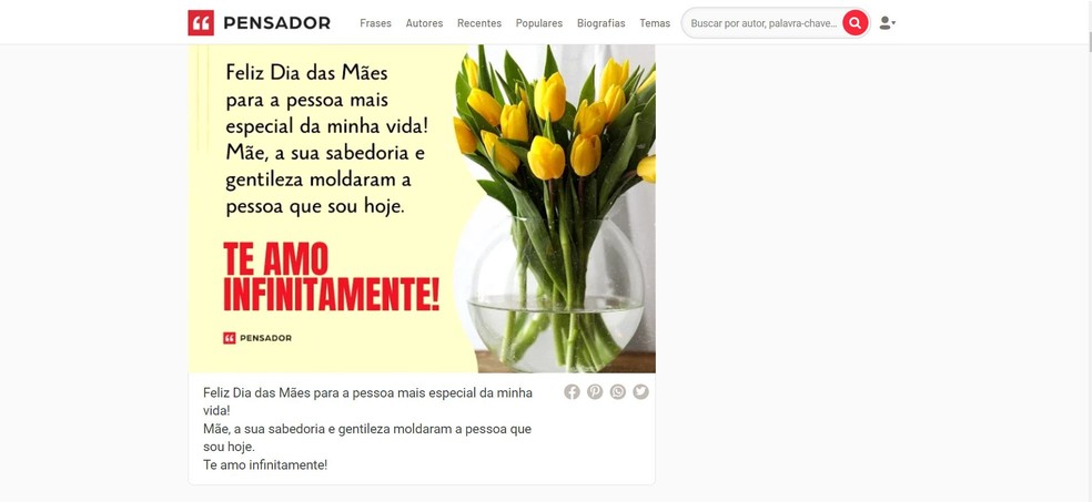 O Pensador oferece mensagens de texto e imagens para a data — Foto: Reprodução/Juliana Villarinho