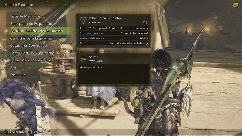 Esquadrões em Monster Hunter Wilds funcionam como guildas de MMOs, facilitando a organização de caçadas maiores com amigos — Foto: Reprodução/Daniel Trefilio