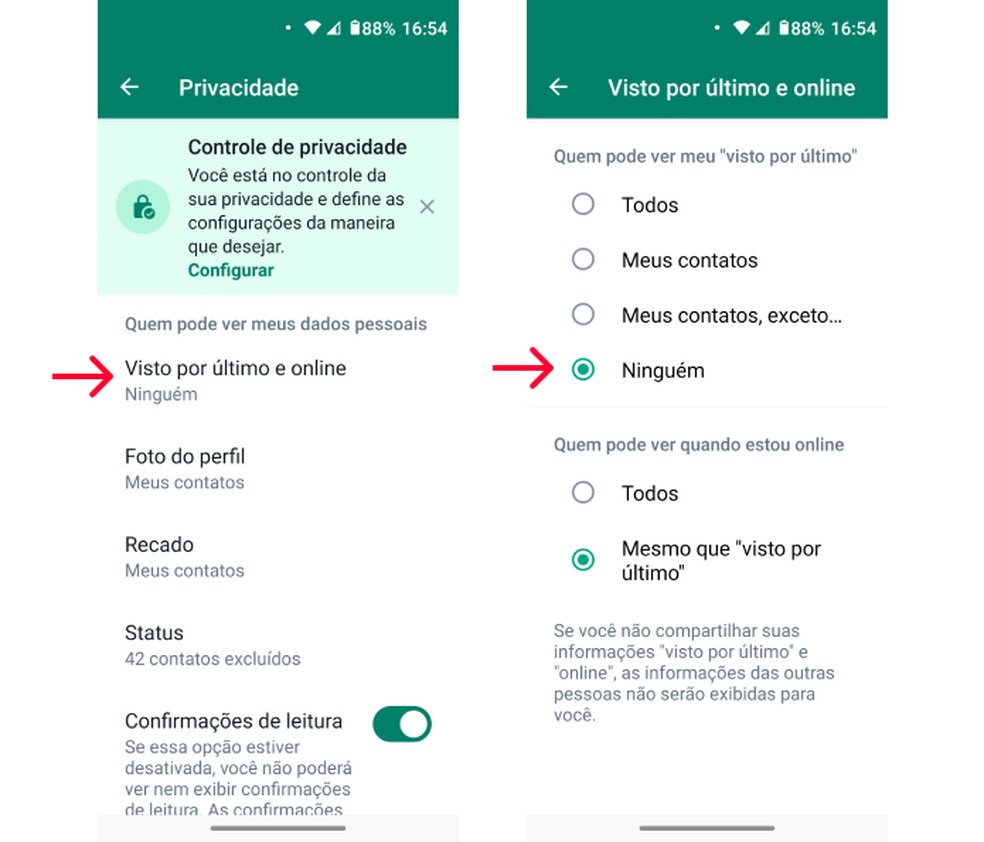 Desativando o "Visto por último" do WhatsApp no Android — Foto: Reprodução/Leone Ferreira