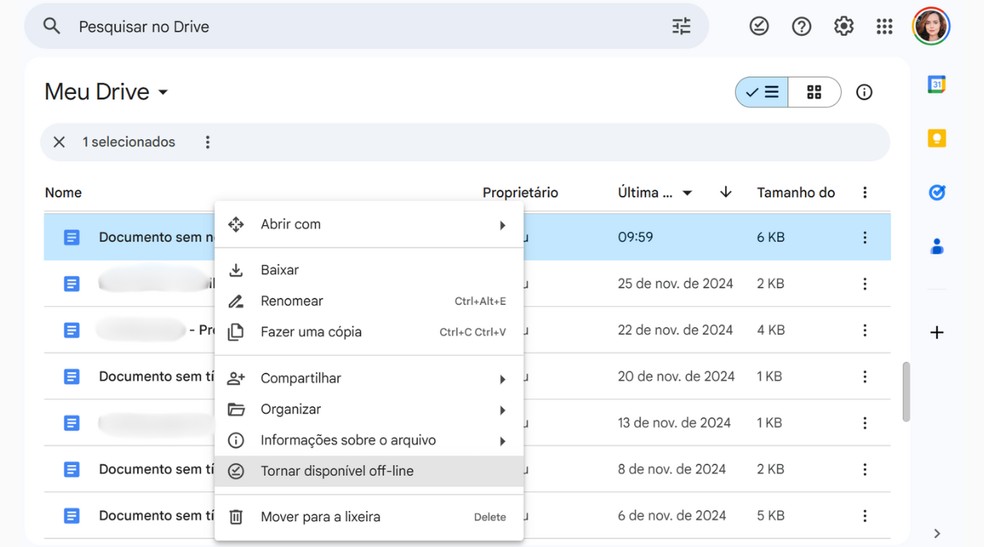 É possível acessar arquivos e pastas do Google Drive mesmo offline — Foto: Reprodução/Júlia Silveira