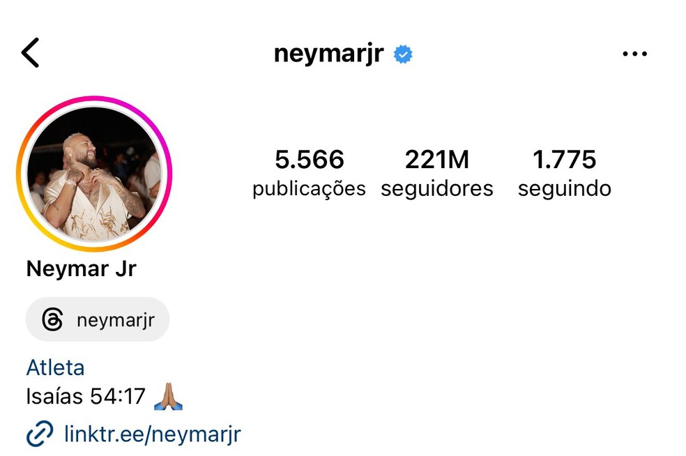 Neymar Jr tem 221 milhões de fãs é o brasileiro com mais seguidores no Instagram — Foto: Reprodução/Instagram