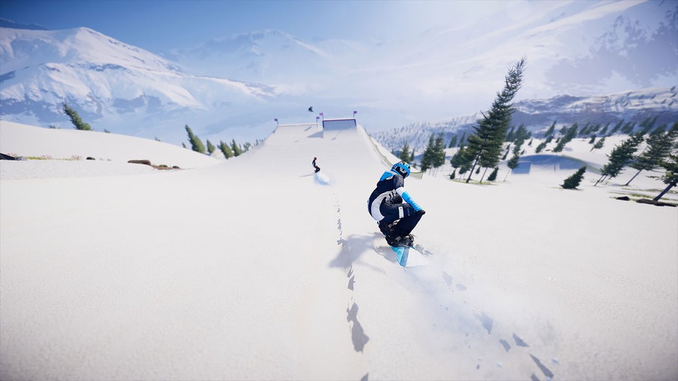 Descenders Next é um game de esporte radical com snowboard, mas também mountainboard para descer montanhas em biomas sem neve — Foto: Reprodução/Steam