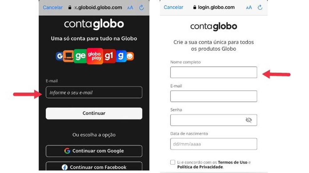Entre com a Conta Globo ou faça o cadastro gratuitamente para acessar o programa — Foto: Reprodução/Thaisi Carvalho