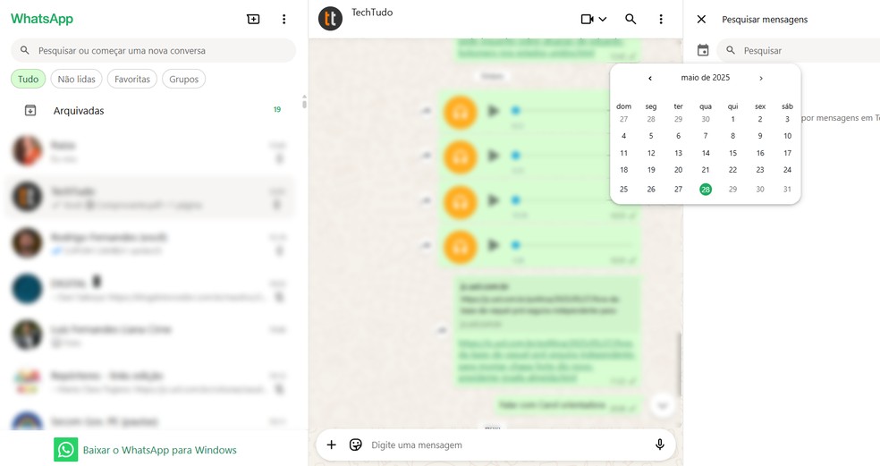 É possível pesquisar mensagem por data no WhatsApp usando calendário — Foto: Reprodução/Rodrigo Fernandes