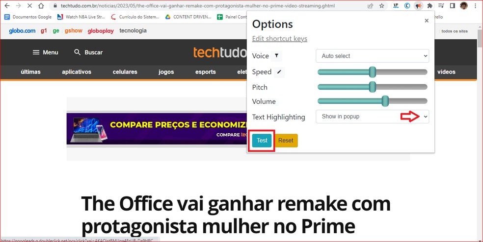 Categoria ‘’Text Highlighting’’ e botão ‘’Test’’ em destaque — Foto: Reprodução/Ana Julia Vaz