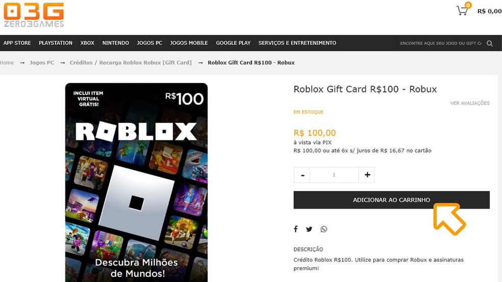 Cartão Roblox - 100 Robux Código Digital - GSGames - Sua Loja de
