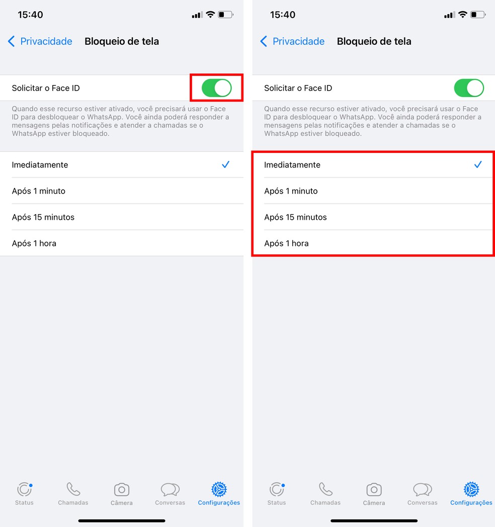Como colocar senha no WhatsApp: iPhone permite estipular tempo para app solicitar desbloqueio novamente — Foto: Reprodução/Rodrigo Fernandes